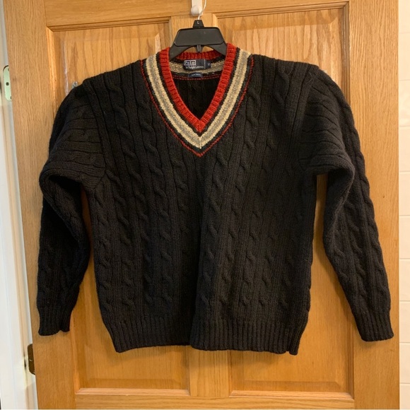 Vintage POLO RALPH LAUREN 100% Wool Sweater Cable Knit V-Neck Men’s Size XL - Picture 1 of 7